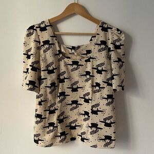 Vintage 70s girl print puff sleeve top